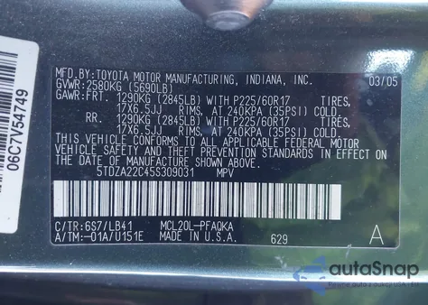 2005 Toyota Sienna Xle z USA, uszkodzony, nr VIN 5TDZA22C45S309031